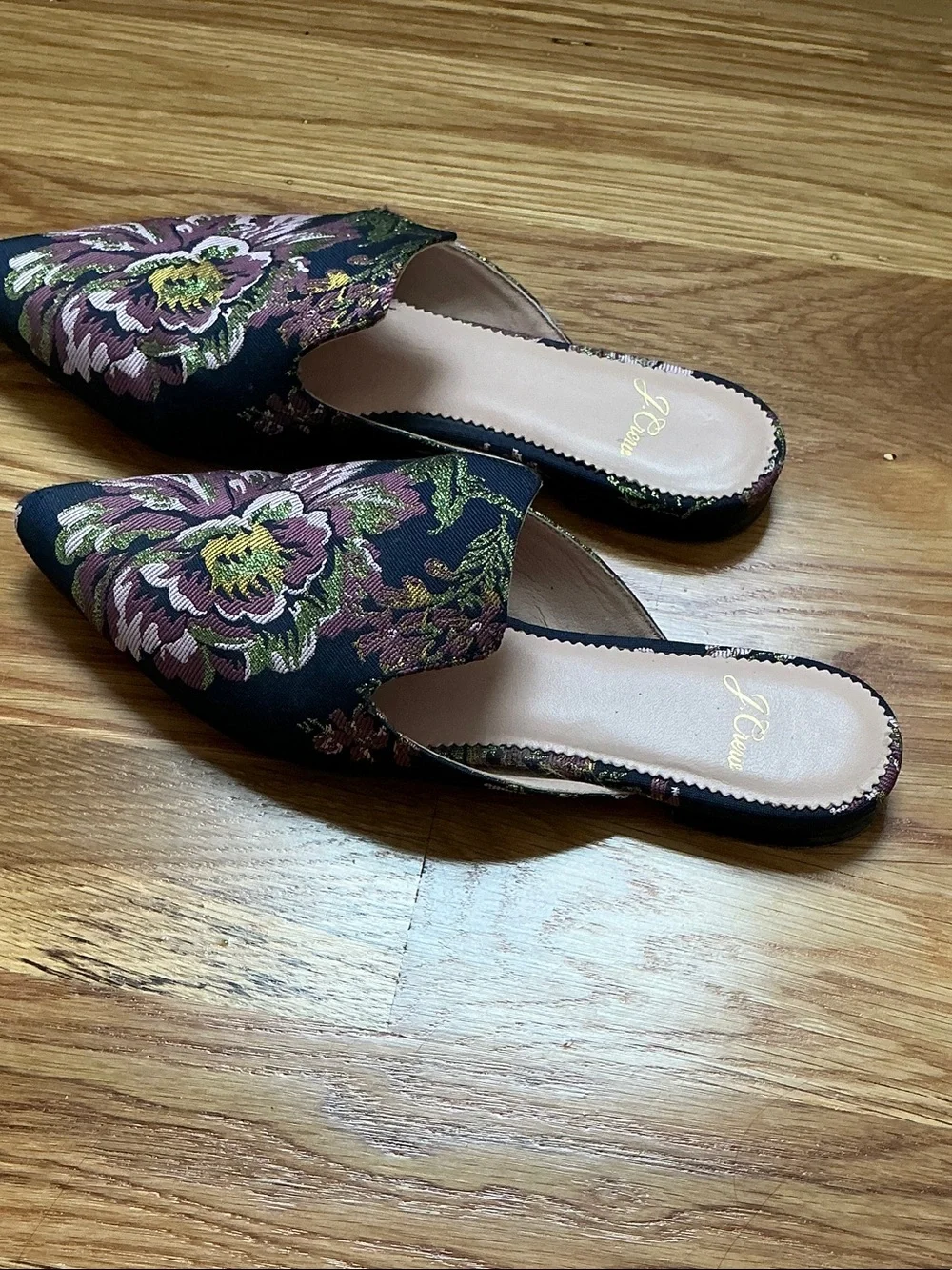 J. Crew Black Floral Embroidered Pointed-Toe Mules